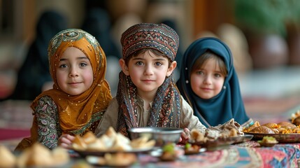 Muslim kids in traditional clothes sitting at table with food and smiling - obrazy, fototapety, plakaty