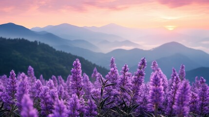  a field of purple flowers in front of a mountain range with the sun setting behind the mountains in the distance.