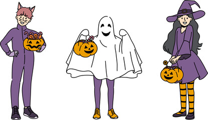 Cheerful kids in halloween outfits invite to go for treats and hold pumpkins in hands