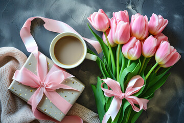 Morning Surprise with Coffee, Gift, and Fresh Tulips