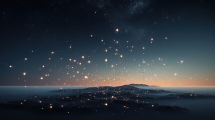 Fototapeta premium a night scene with a mountain in the distance and a lot of stars in the sky over a body of water.