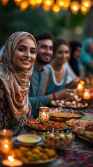 Happy muslim family celebrating ramadan iftar