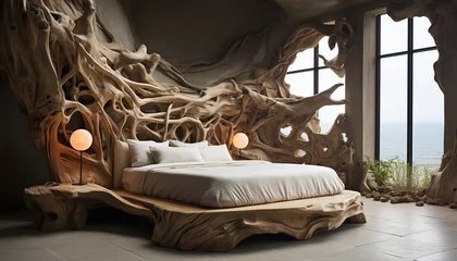 Fotobehang Comfortable bed in an old bedroom, nature tranquil decoration generated by AI © Jeronimo Ramos