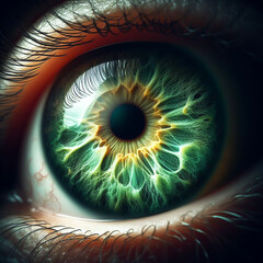 Closeup with detail of person's green eye. AI generated