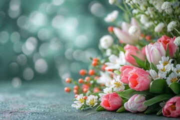 Floral Delight: Easter joy surrounded by flowers and copy space