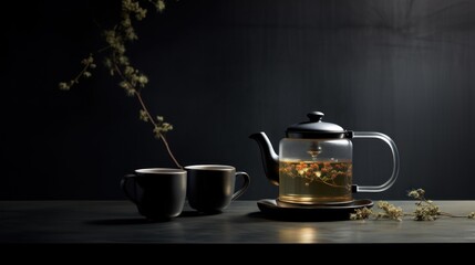  a tea pot and two cups of tea sit on a table with a plant in the middle of the table.