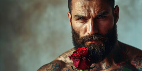 A tattooed muscular bearded man, romantic emotivity, is holding a rose in his hand - obrazy, fototapety, plakaty
