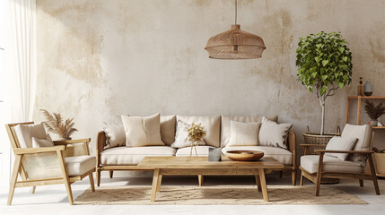 Scandinavian farmhouse style beige living room interior with natural wooden . Ai Generative