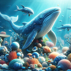 Fantasy illustration of the seabed, with pastel colors. Underwater life. AI generated