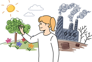 Little girl draws eco friendly nature near factory, who pollute environments and causes climate change. Child wants to see trees and flowers instead industrial buildings that pollute environments