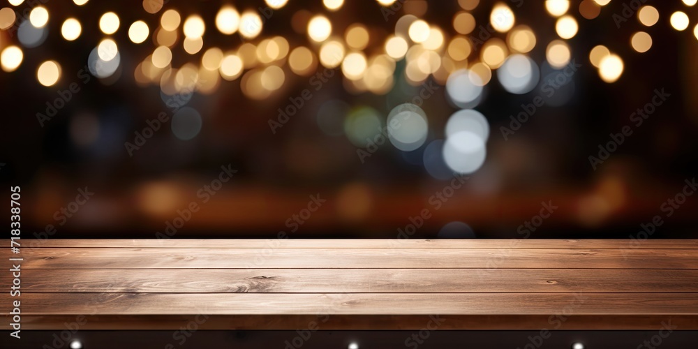 Wall mural wood table with chalkboard and blurred restaurant lights background, ideal for photo montage or prod - Wall murals
