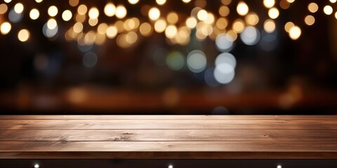 Wood table with chalkboard and blurred restaurant lights background, ideal for photo montage or product display and placing items.