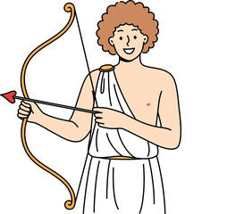 Smiling cherub with cupid bow and arrow, congratulates on valentine day and calls for love or romance. Happy cherub looking at camera, enjoying pimping lonely people in need of relationship