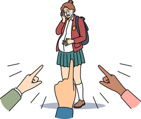 Pregnant teenage girl stands among hands of angry people criticizing schoolgirl. Pregnant young woman has become victim of bullying and needs counseling from psychologist or social services