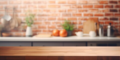 Fototapeta na wymiar Blurred kitchen interior background on tabletop
