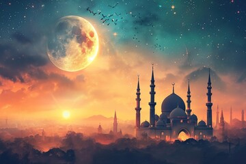Ramadan Kareem background with mosque and full moon
