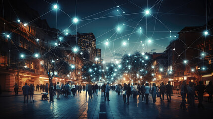 Obraz premium Urbanites stroll through city's streets, captivated by futuristic charm of 5G blue lines