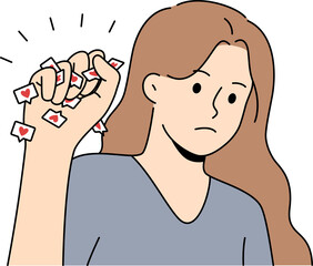 Woman struggles with social media addiction and clenches heart icons in fist to protest against digital slavery. Unfortunate girl became victim of internet addiction needs digital detox