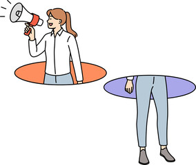 Woman with megaphone calls for visiting approaching sale by leaning out of hole. Girl promoter conducts marketing events and advertising campaign using megaphone to attract customers to new store