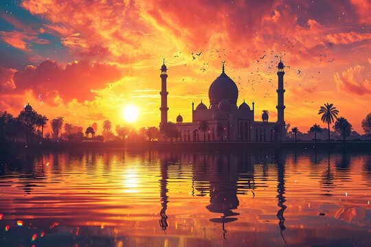 Beautiful sunset over the mosque with river