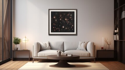  a living room with a white couch and a coffee table in front of a picture of the stars in the sky.