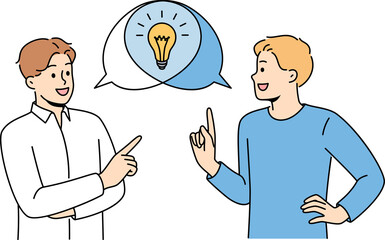 Man is doing joint brainstorming session, discussing ideas for making money, standing near speech bubbles with light bulb. Teamwork of student guys using brainstorming to find consensus