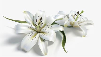 Illustration of two white lily flowers and leaf on white background.