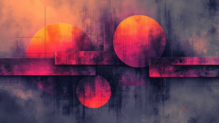 Abstract art with vibrant sunset hues over geometric shapes
