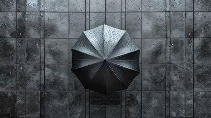 Aerial shot of a closed umbrella on rain-speckled tiles.