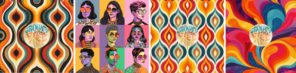 Fotobehang Groovy and the 70s. Vector trendy seamless pattern or abstract ornament for fabric, background or paper in retro style and illustration of people in pop art style, © Ardea-studio