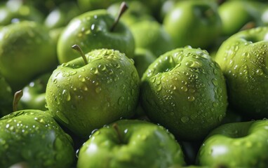 Fresh green apples with water drops close up.