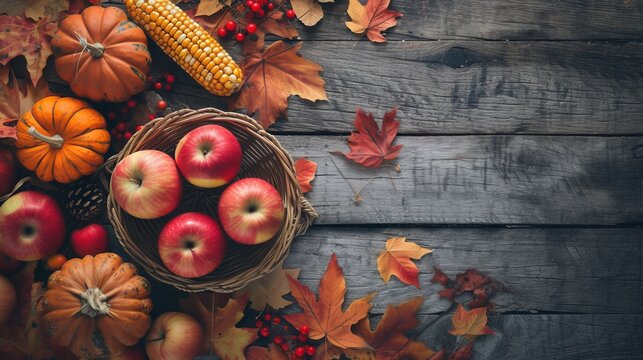 Autumn background with fall leaves, bascet with red apples, corn and pumpkins. Fall harvest on aged wood with copy space. Mockup for seasonal offers and holiday post card, top view. Toned image.