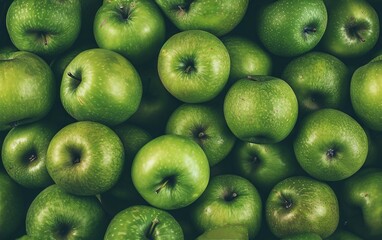 Fresh green apples with water drops close up.