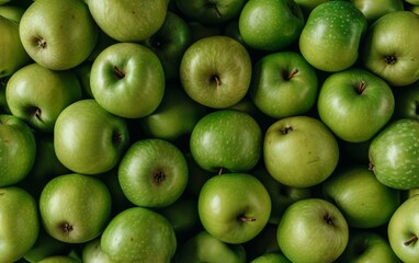 Fresh green apples with water drops close up.