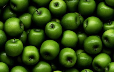 Fresh green apples with water drops close up.