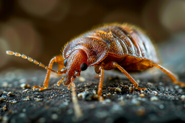 Macro shot of a bedbug on a textured surface, showcasing intricate details