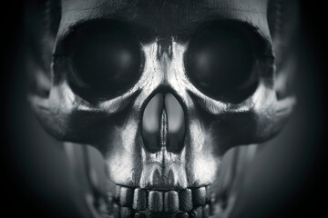 Creepy human skull close up on black background