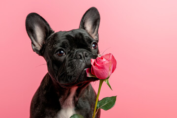 A cute French Bulldog with a pink rose isolated on a pink background, perfect for Valentine's Day