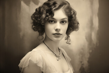Antique black and white portrait of a woman with curly hair and elegant attire