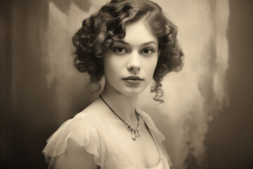 Fototapeta premium Antique black and white portrait of a woman with curly hair and elegant attire