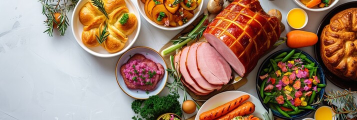 Fototapeta na wymiar Classic Easter ham dinner. Top view table scene on a white background. Ham, eggs, hot cross buns, carrot, cake and vegetables. Panorama with copy space.