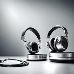 Fototapeta na wymiar display of high-quality headphones set against a sleek and modern silver background