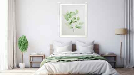  a picture of a bedroom with a bed and a green plant in the corner of the room on the wall.