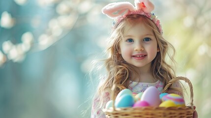 Cute little child wearing bunny ears on Easter day. Girl holding basket with painted eggs