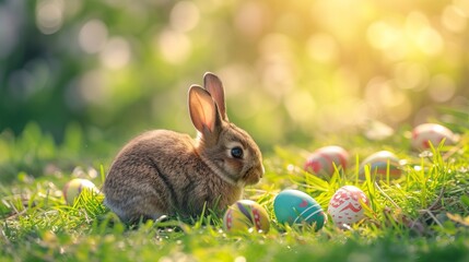 Easter bunny rabbit with painted eggs on grass lawn. Easter holiday concept