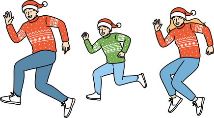 Family in christmas clothes and santa hats dances doing same movements or runs for new year holidays