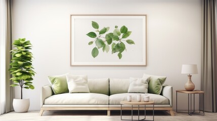  a living room with a couch, coffee table, and potted plant in front of a picture on the wall.