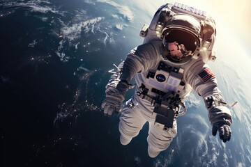 Astronaut in space suit floating above Earth. Human spaceflight and orbital mission concept. Zero gravity scene. Design for banner, poster with copy space - obrazy, fototapety, plakaty