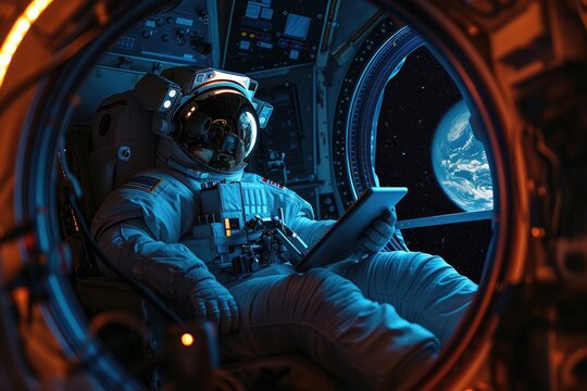 Astronaut using laptop inside space station with Earth view. Space research and technology concept. Design for banner, poster, advertising