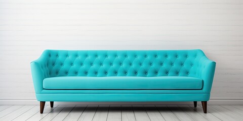 Turquoise sofa on dark wooden legs isolated on white background. Furniture series.